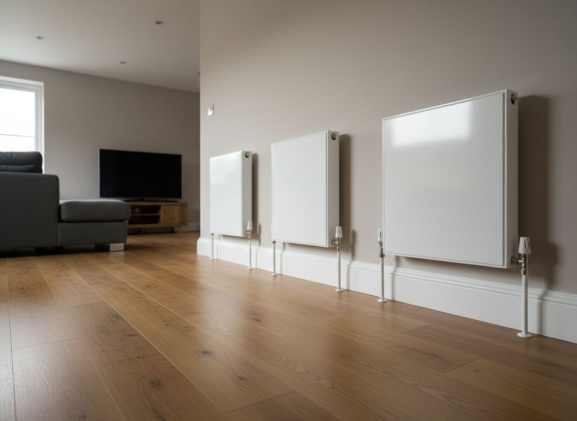 A row of sleek, modern white panel radiators mounted along a freshly painted light taupe wall in a Barnsley living room, each connected with neatly aligned white pipework dropping to a flawless skirting board. The floor is a warm-toned oak laminate, and in the softly blurred background there is a suggestion of a contemporary sofa and a low TV unit. Late afternoon natural light pours through a large unseen window, casting gentle, elongated shadows from the radiators onto the wall and floor. Photographic realism, shot from a low, angled perspective along the line of radiators to emphasize depth and uniformity, creating a warm, comfortable, and energy-efficient atmosphere that highlights expert central heating installation.