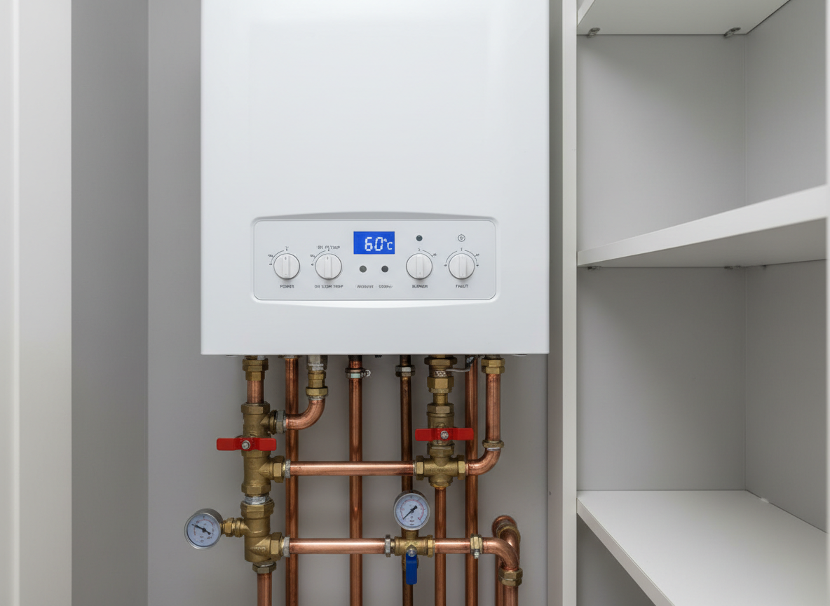 A high-efficiency white combi boiler panel in close-up, its digital display glowing a soft blue, surrounded by clearly labeled dials and indicator lights, with meticulously installed copper pipes and isolation valves emerging from below in perfectly straight lines. The boiler is installed against a light-grey painted wall in a tidy service cupboard with clean edges and no clutter. Neutral, diffused indoor lighting creates even illumination with minimal shadows, reinforcing a technical, trustworthy feel. Photographic realism, framed tightly at eye level with a shallow depth of field that softly blurs the cupboard edges, focusing attention on the precision of the installation and the sense of advanced, reliable gas engineering.