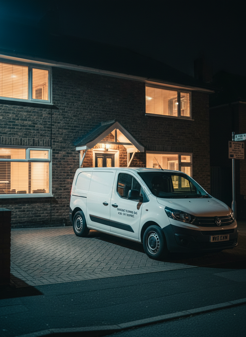 A night-time exterior view of a semi-detached Barnsley brick house, front door subtly illuminated by a porch light, with a clearly marked white service van parked neatly on the driveway, its surfaces unbranded but clean and modern, hinting at professional emergency plumbing and gas response. The house windows emit a soft warm glow, while the street is otherwise quiet and dark, suggesting a late emergency callout. Cool ambient street lighting mixes with the warmer house light, creating a balanced, cinematic mood. Photographic realism, captured from a slightly low, three-quarter street-level angle, with sharp focus on the house entrance and vehicle, conveying urgency, reliability, and 24/7 availability without showing any people.