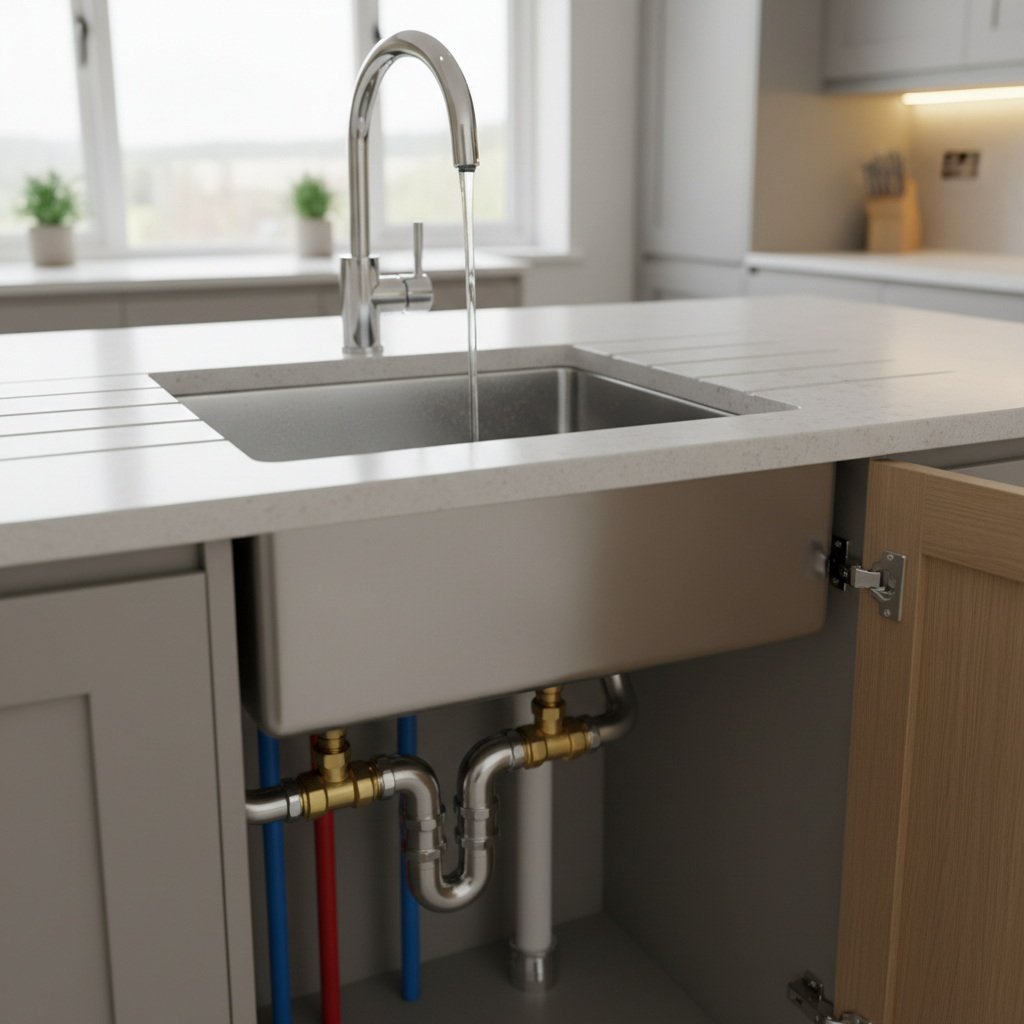 A spotless, chrome-finished kitchen sink with a modern single-lever mixer tap, water flowing in a smooth, clear stream into a deep stainless-steel basin, set into a pale quartz countertop. Under the counter, a neat arrangement of colour-coded pipes, valves, and a compact trap is visible through an open cabinet door, demonstrating professional plumbing workmanship. The background hints at a stylish, open-plan Barnsley kitchen with soft-focus cabinetry. Warm under-cabinet LED lighting combines with gentle natural daylight, creating a bright, reassuring mood. Photographic realism, captured from a slightly elevated, three-quarter angle, with balanced composition that highlights both visible fixtures and hidden pipework, emphasizing quality and attention to detail.